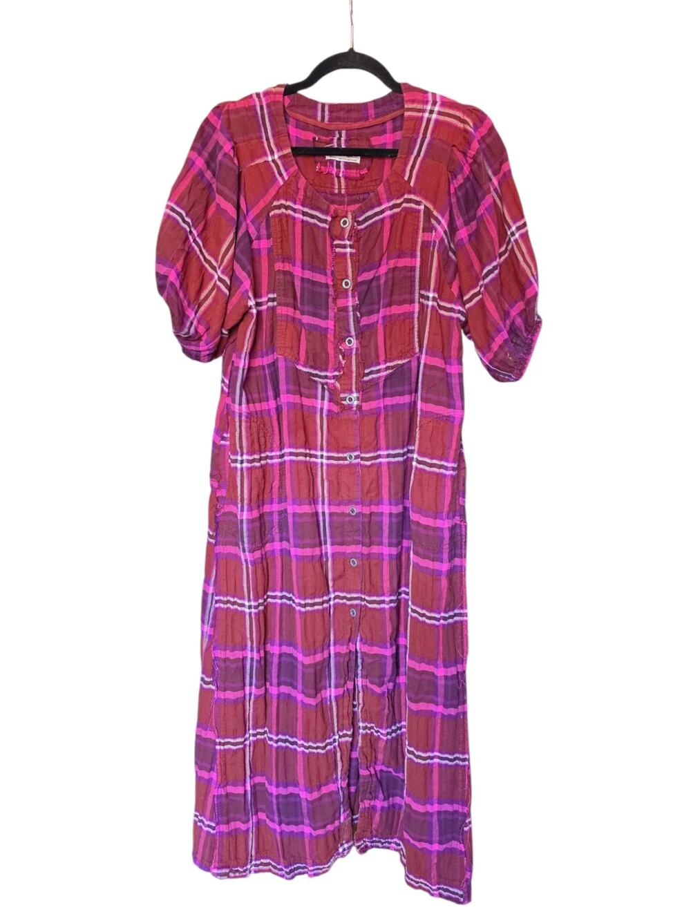 Free People Jerra Plaid Floral Sheer Button Front Maxi Shirt Dress Small